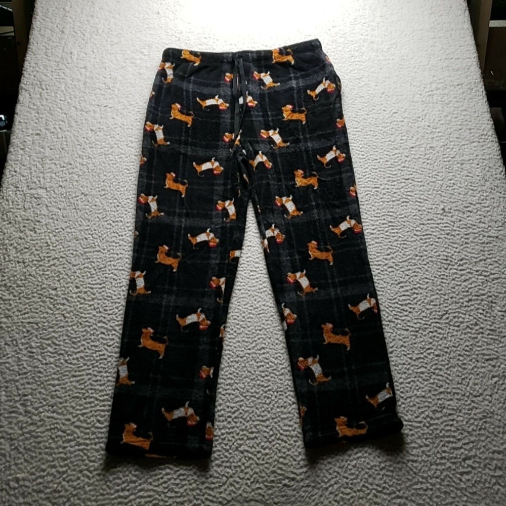 Joe Boxer Pajama Pants Mens Large Black Dog Christmas Fleece Lounge Sleepwear